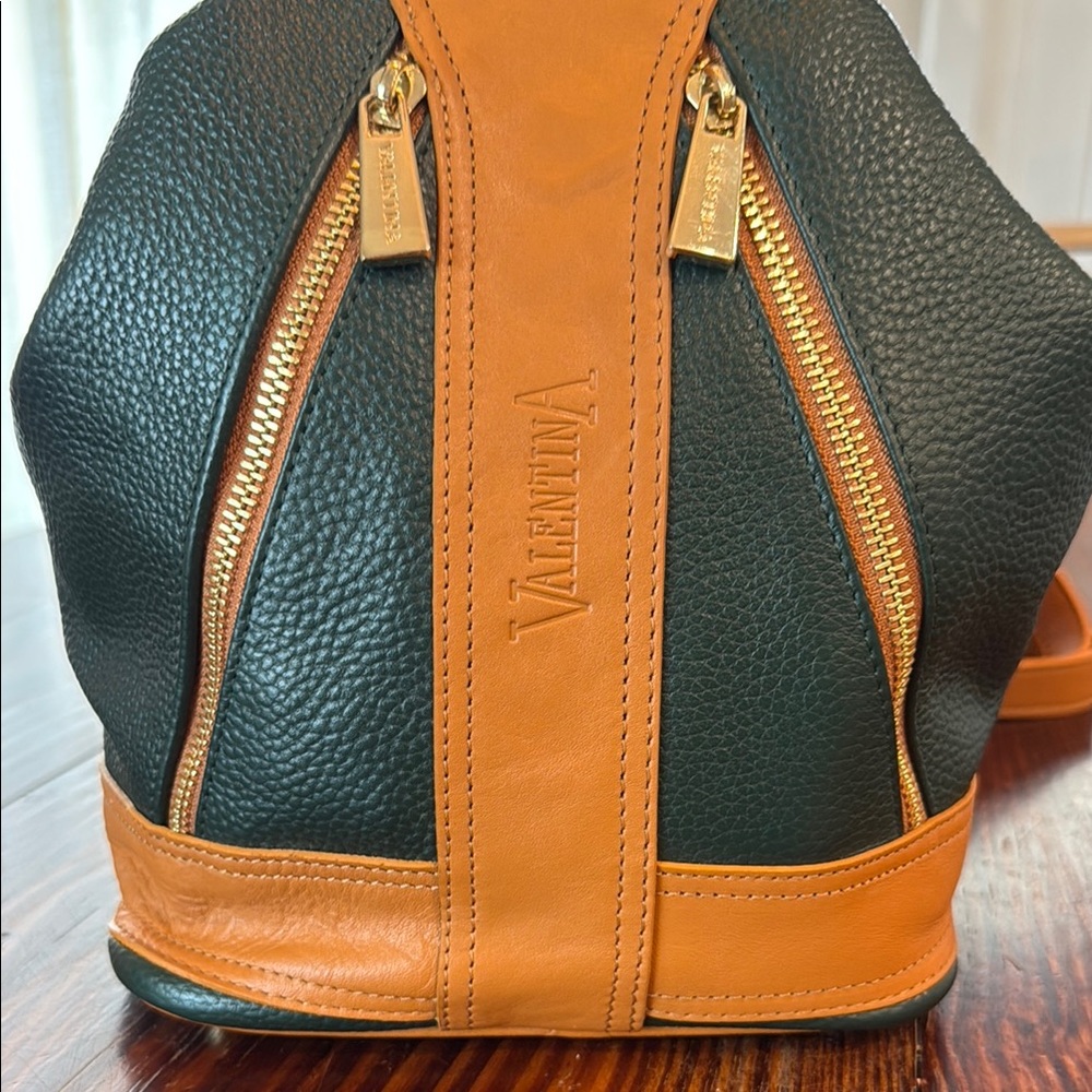 Valentina Italy Black & Tan Pebbled Leather Backpack Purse NWOT - Picture 2 of 10